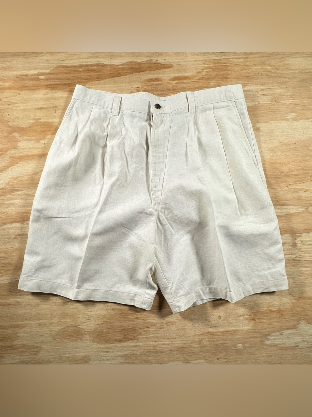 VTG 90s Dockers Khakis Linen Blend Pleated Shorts Mens Off White Beige Cream